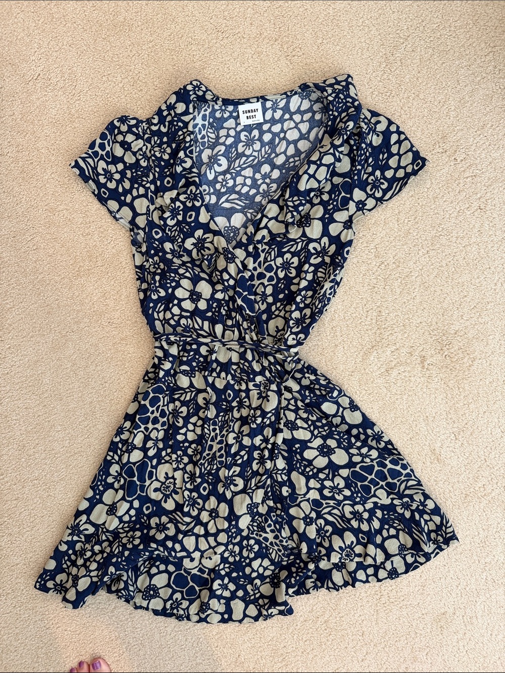 Sunday Best Navy and Cream Floral Wrap Mini Dress with Tie Waist